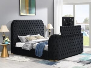 Zoe-BLACK VELVET KING BED W/FIREPLACE, TV MOUNT & BLUETOOTH SPEAKER & USB