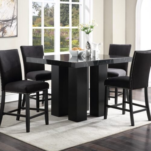 Isidora-COUNTER TABLE & 4 SILVER LEATHER CHAIRS