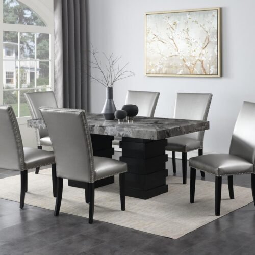 Ambrose-DINING TABLE & 6 SILVER LEATHER CHAIRS