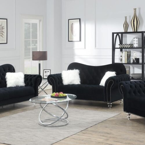 Francis  -BLACK SOFA W/TWO WHITE FUR PILLOWS & ACRYLIC LEGS