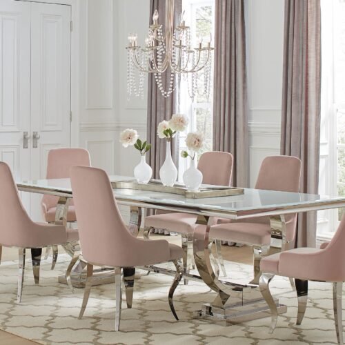 Antoine 7-piece Rectangular Glass Top Dining Table Set Pink