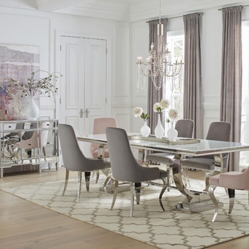 Antoine 7-piece Rectangular Glass Top Dining Set Grey & Pink