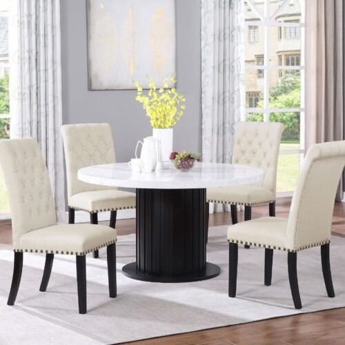 Sherry 5-piece Round Marble Top Dining Table Set Beige
