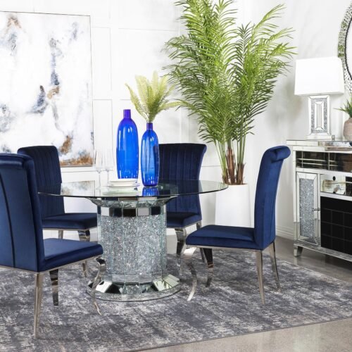 Ellie 5-piece Mirrored Pedestal Dining Table Set Ink Blue