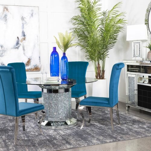 Ellie 5-piece Mirrored Pedestal Dining Table Set Teal