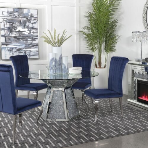 Quinn 5-piece Round Glass Top Mirrored Dining Set Ink Blue