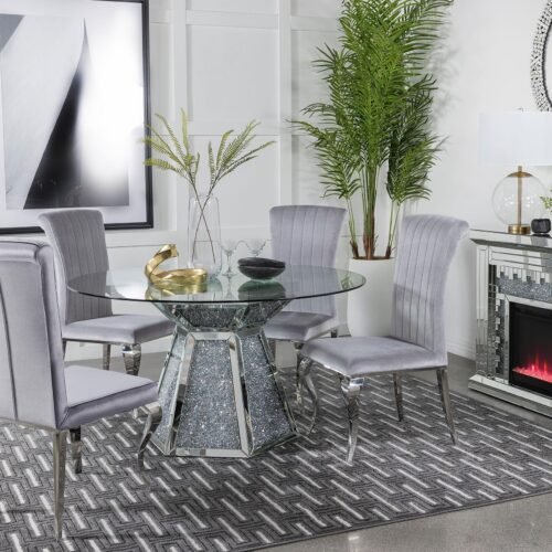 Quinn 5-piece Round Glass Top Mirrored Dining Set Grey