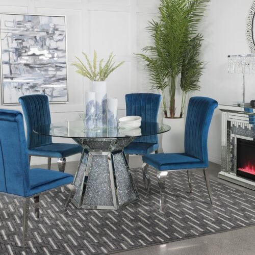 Quinn 5-piece Round Glass Top Mirrored Dining Set Teal
