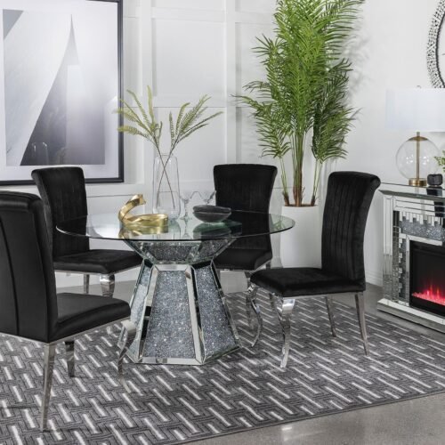 Quinn 5-piece Round Glass Top Mirrored Dining Set Black