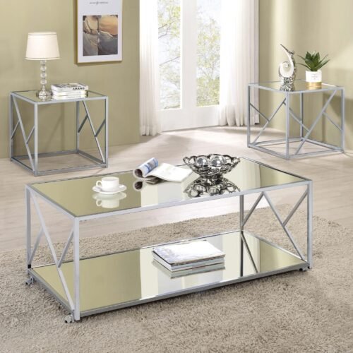 Provins 3-piece Coffee and End Table Set Mirror and Chrome