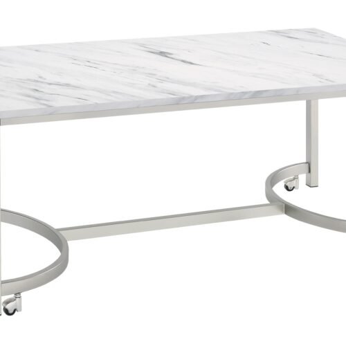 Leona Faux Marble Coffee Table with Casters Satin Nickel